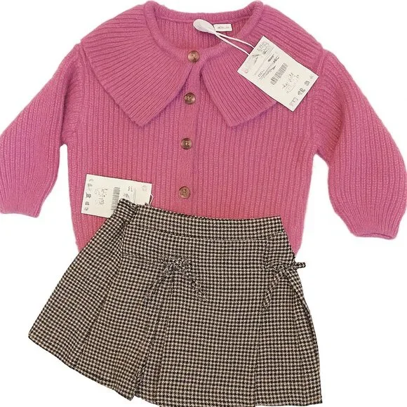 Zara Girls Outfit Pink Shimmer Cardigan & Houndstooth Skort Set Size 4 NWT - Picture 3 of 5